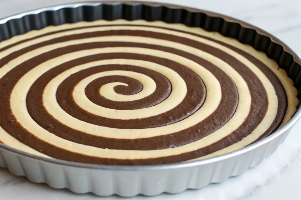 Zebra cake batter layered in a baking pan.