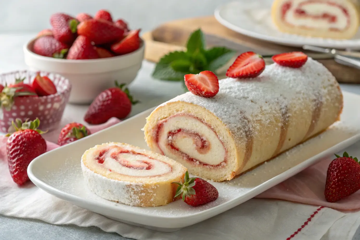 Freshly baked naturally flavored Strawberry Swiss Roll.