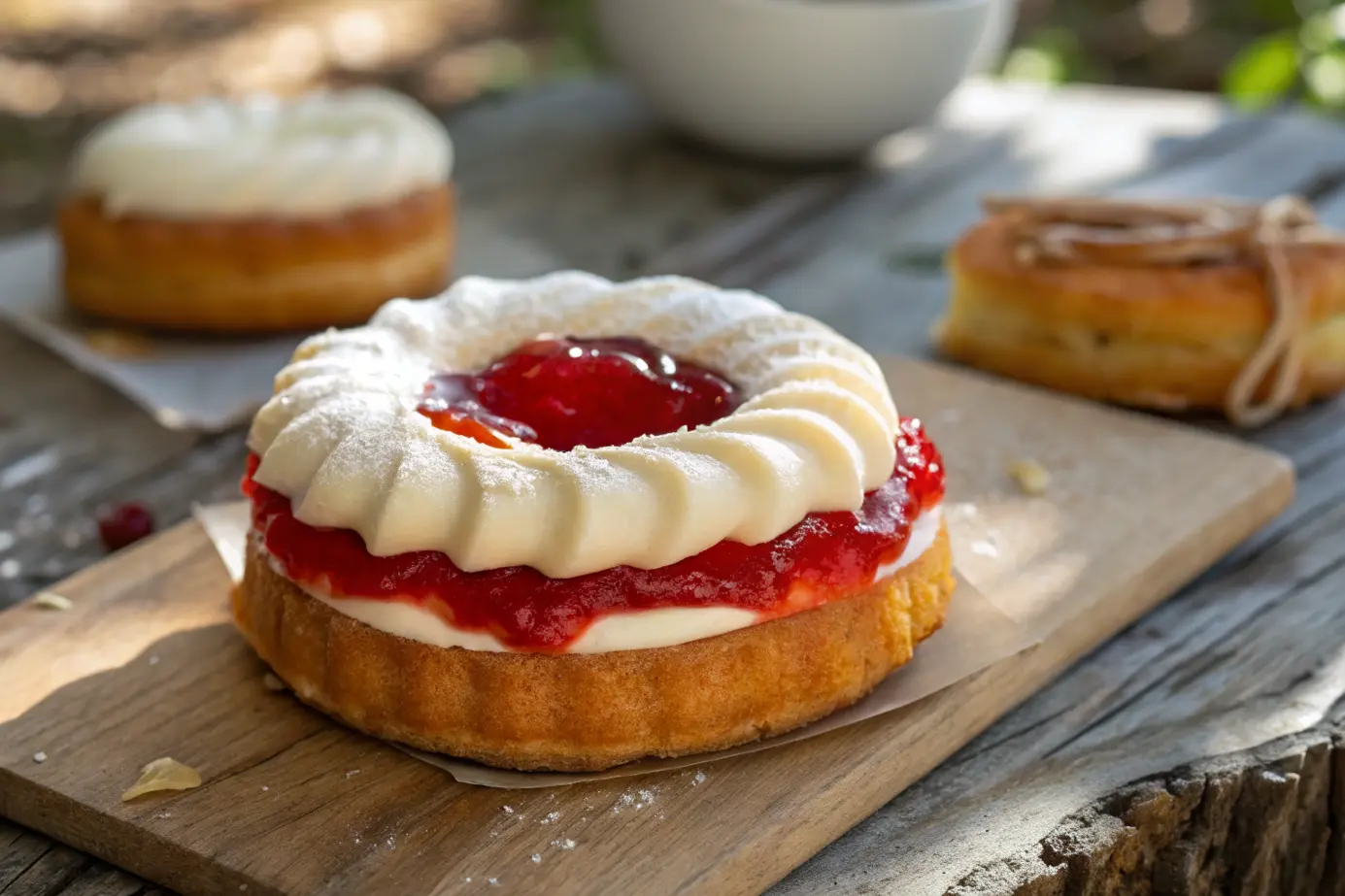 A ring pastry filled with jelly and topped with creamy frosting.