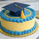 Detailed photo of a classic blue and gold graduation cakes with a graduation cap topper.