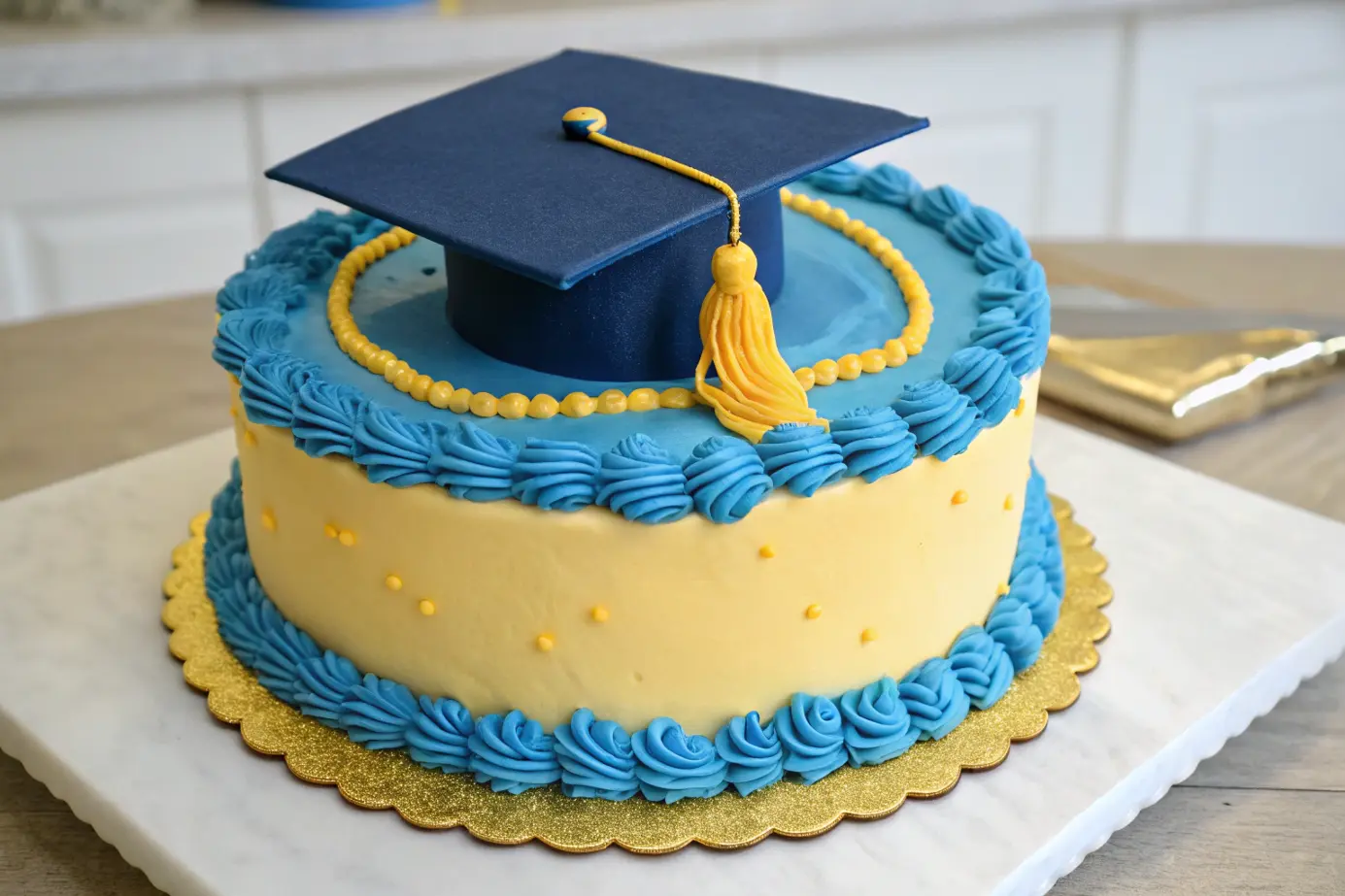 Detailed photo of a classic blue and gold graduation cakes with a graduation cap topper.