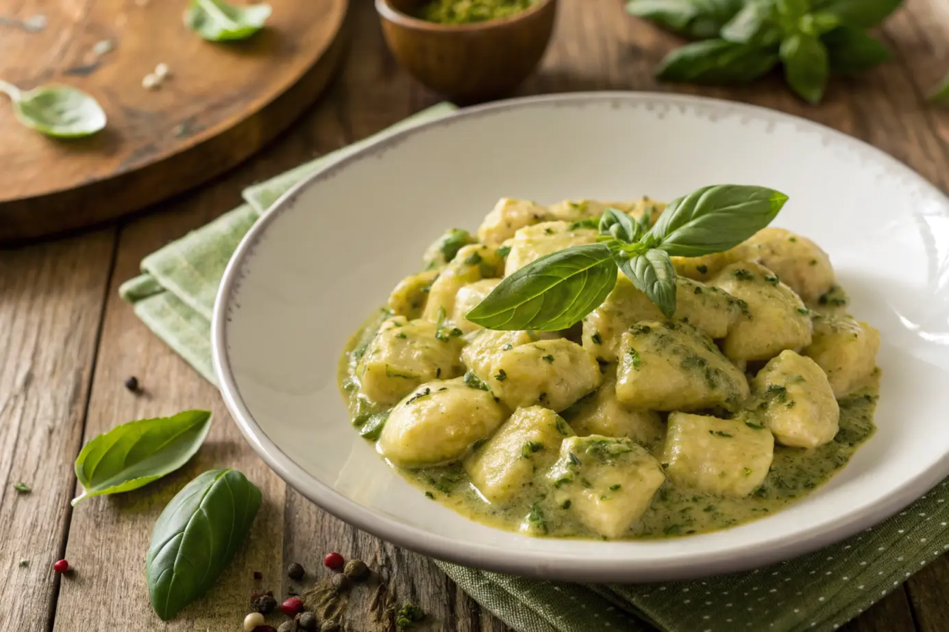 Close-up of potato pasta with creamy pesto sauce.