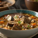 A hearty bowl of beef barley mushroom soup