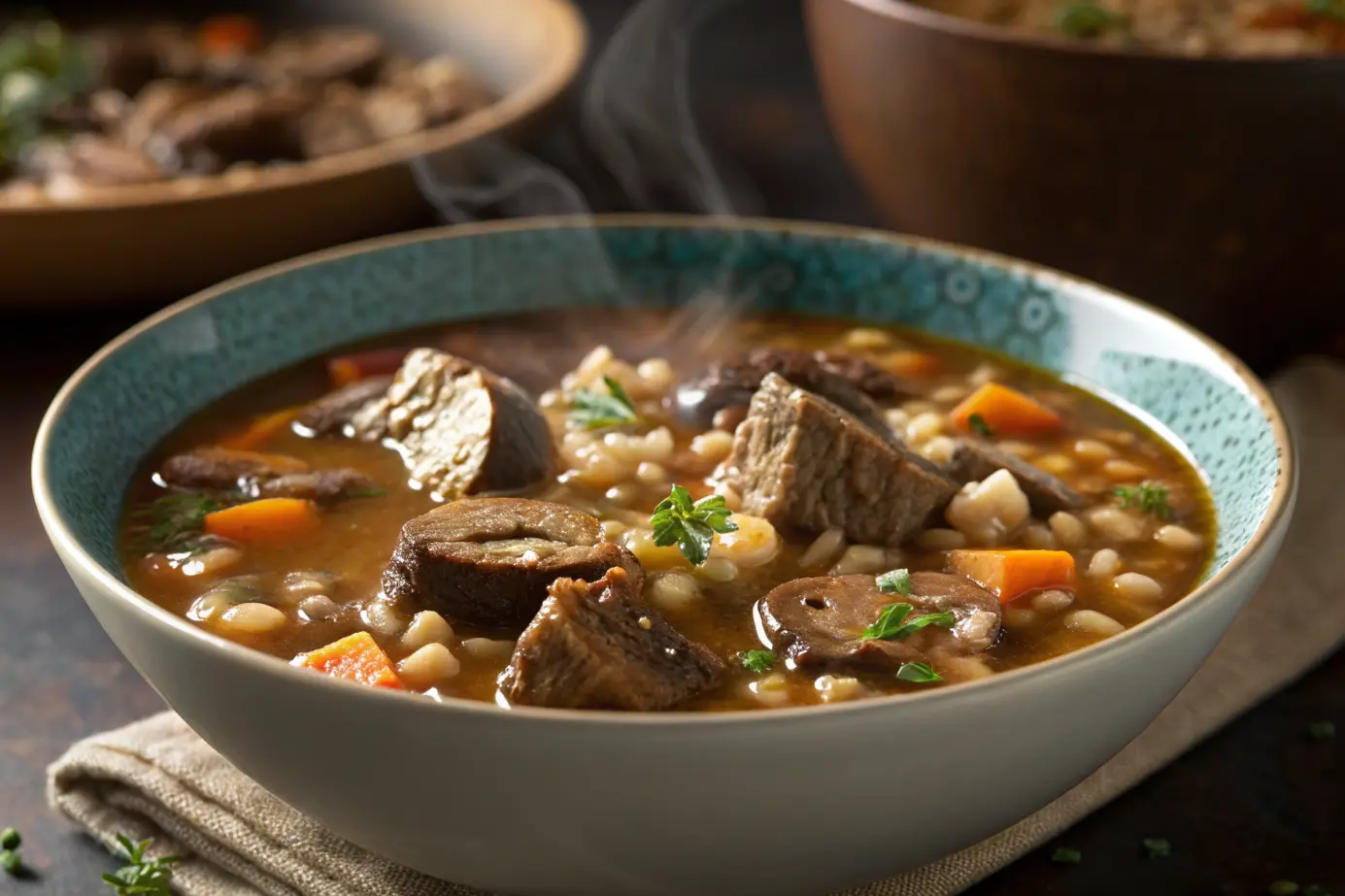 A hearty bowl of beef barley mushroom soup