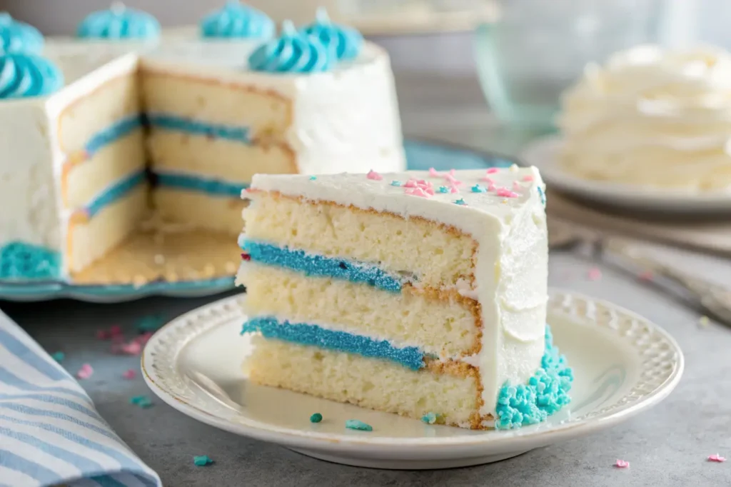 A slice of gender reveal cake with blue filling and white frosting.