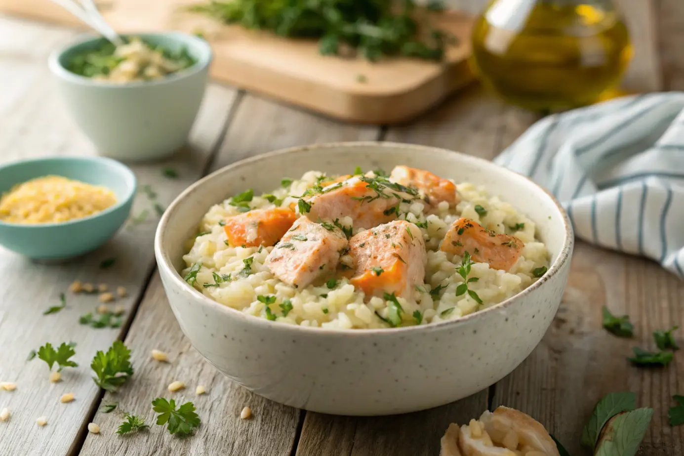 Naturally made salmon risotto.