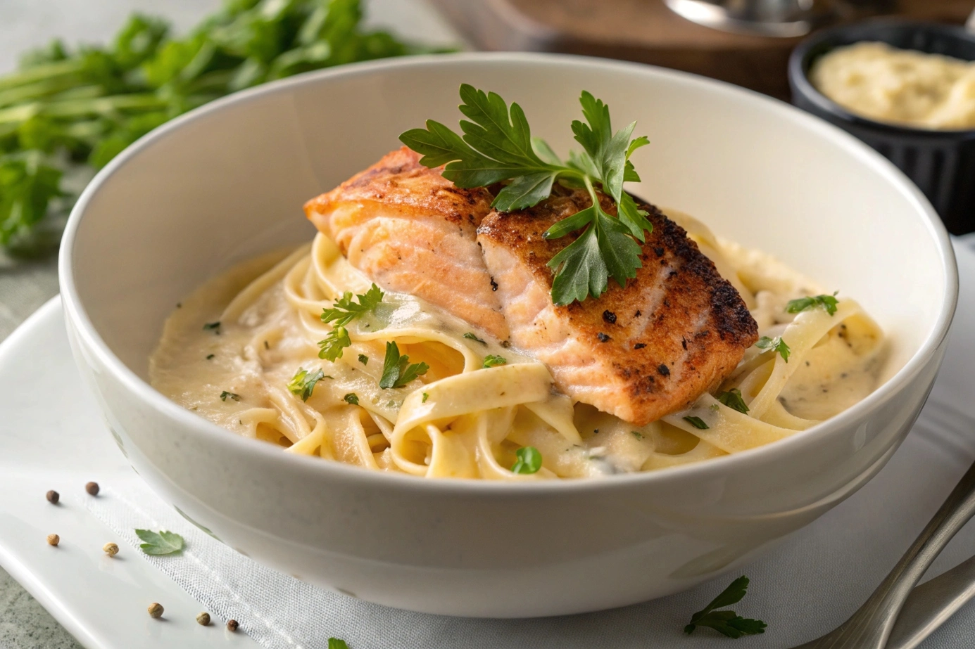 Creamy Salmon Alfredo Pasta on a white plate.