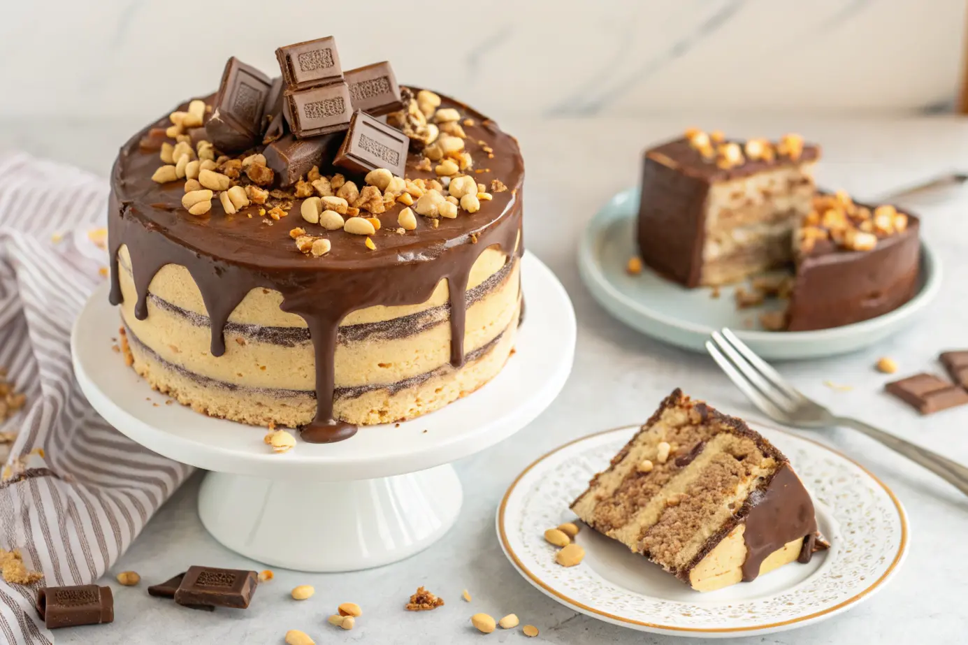 Snickers cake with layers of chocolate, caramel, and peanuts.