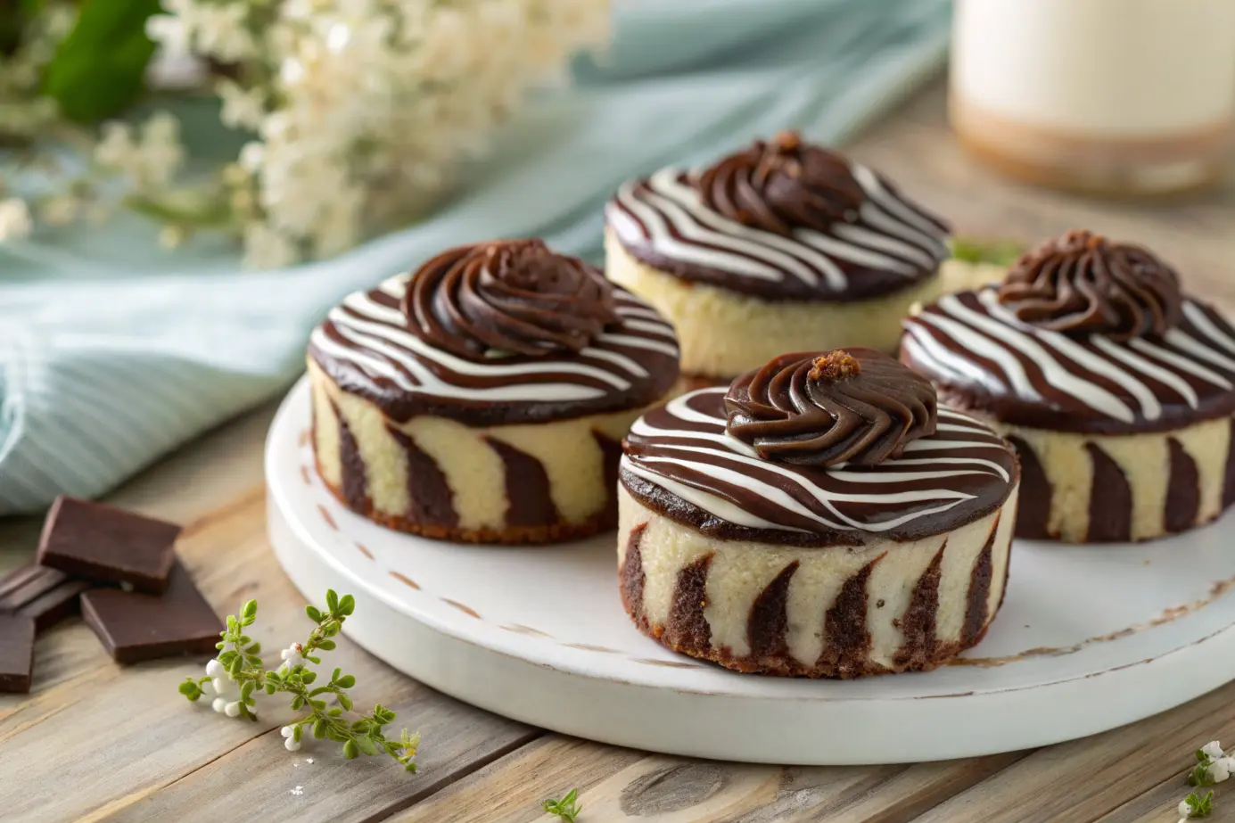 Homemade zebra cakes with chocolate frosting.