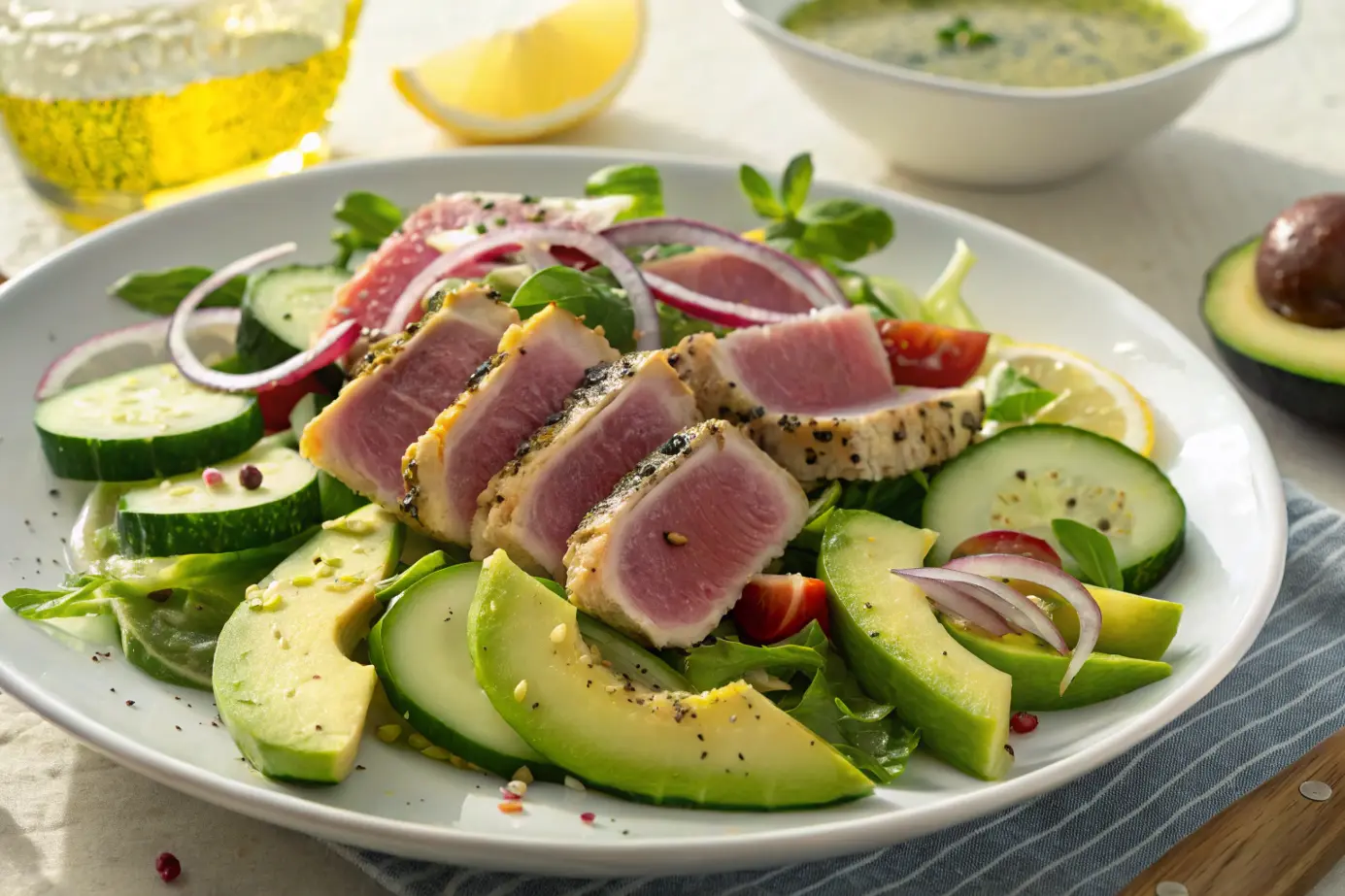 Delicious and naturally healthy ahi tuna salad with fresh avocado and vegetables.