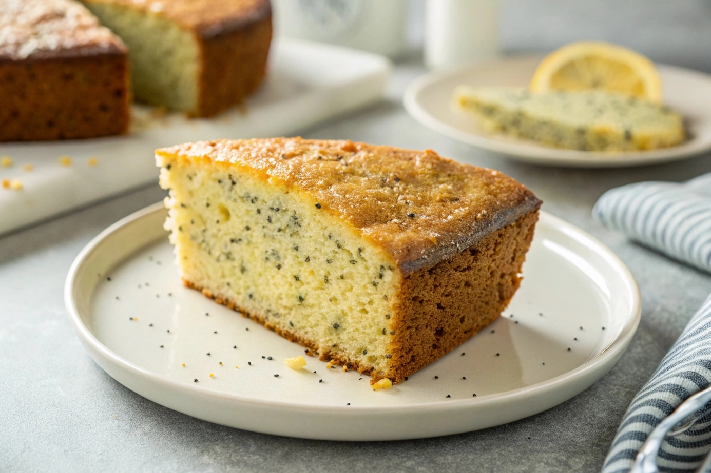 Naturally delicious slice of lemon poppy cake with visible poppy seeds.