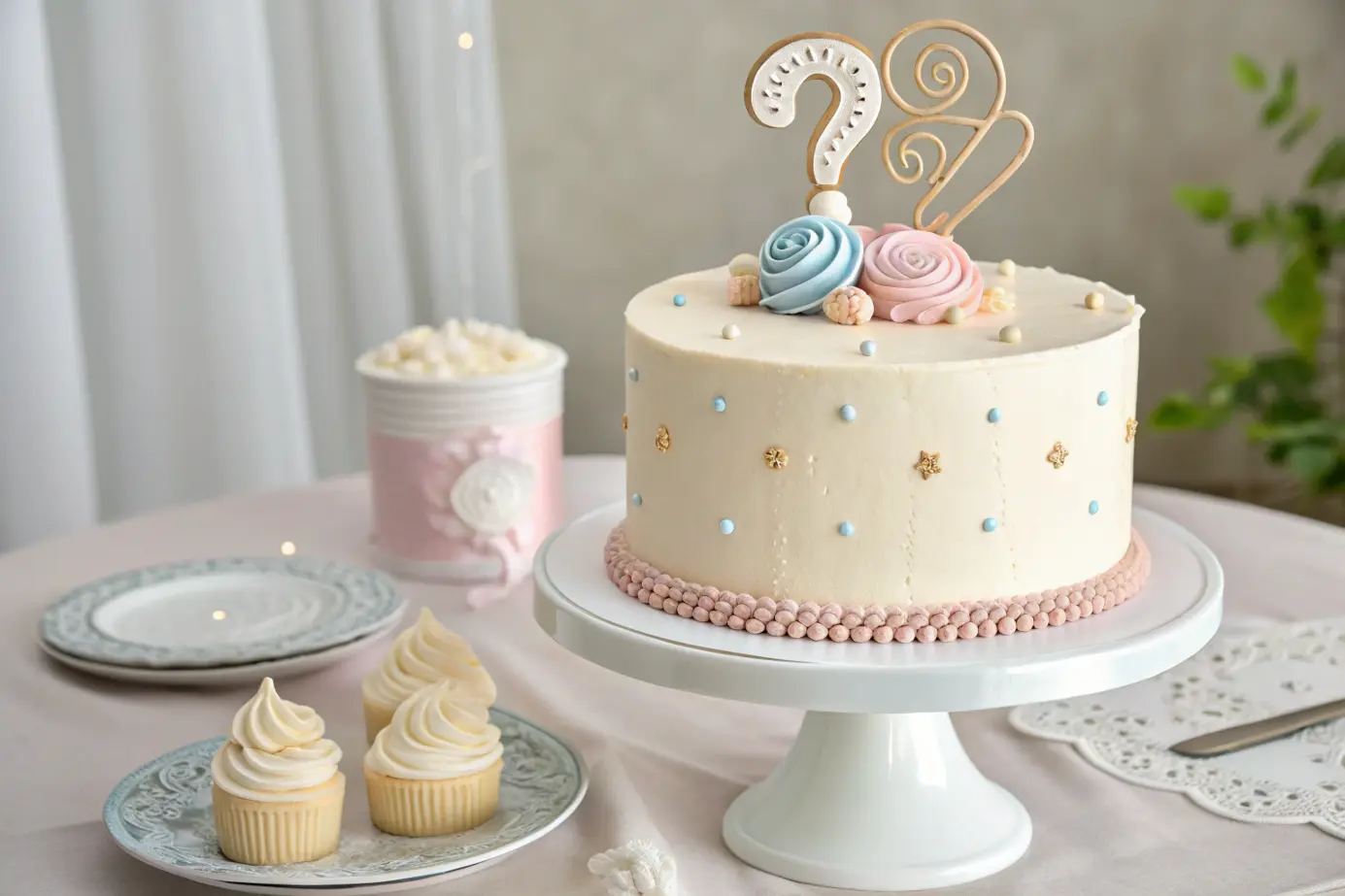 A beautifully decorated gender reveal cake with neutral frosting, ready for cutting.