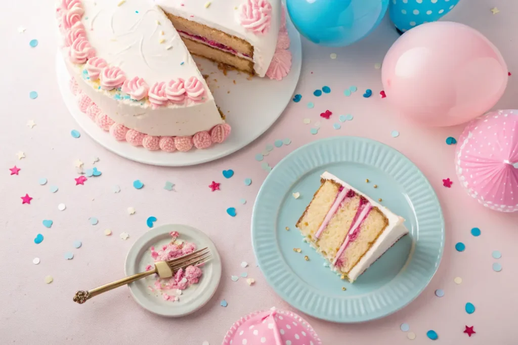 Cutting a gender reveal cake, revealing pink filling amidst party decorations.