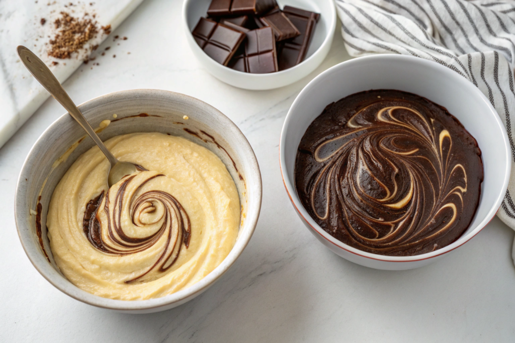 Two bowls of zebra cake batter: vanilla and chocolate.