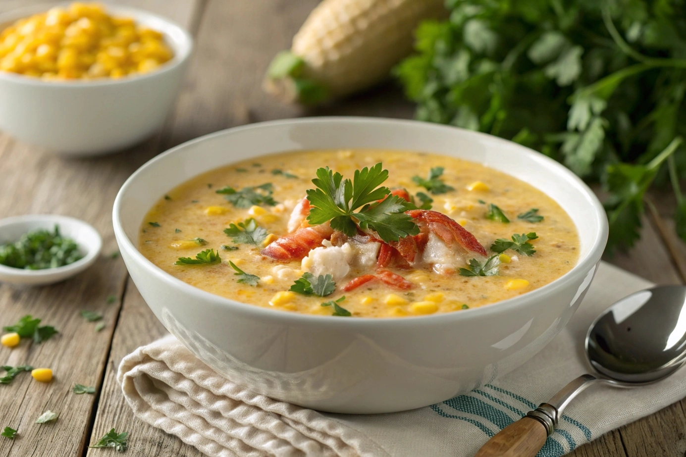 Creamy bowl of corn and crab bisque