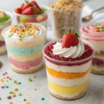 Close-up view of assorted cake cups with frosting and sprinkles