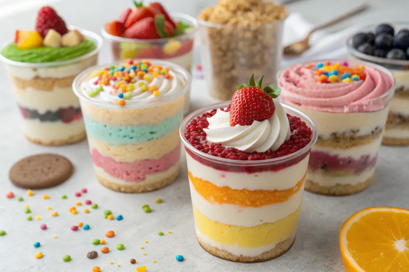 Close-up view of assorted cake cups with frosting and sprinkles