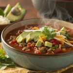 A bowl of steaming chipotle ground beef soup