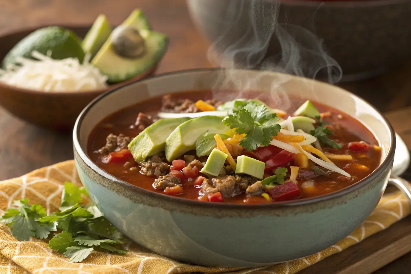 A bowl of steaming chipotle ground beef soup