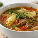 A close-up shot of a vibrant bowl of cabbage soup with ground beef