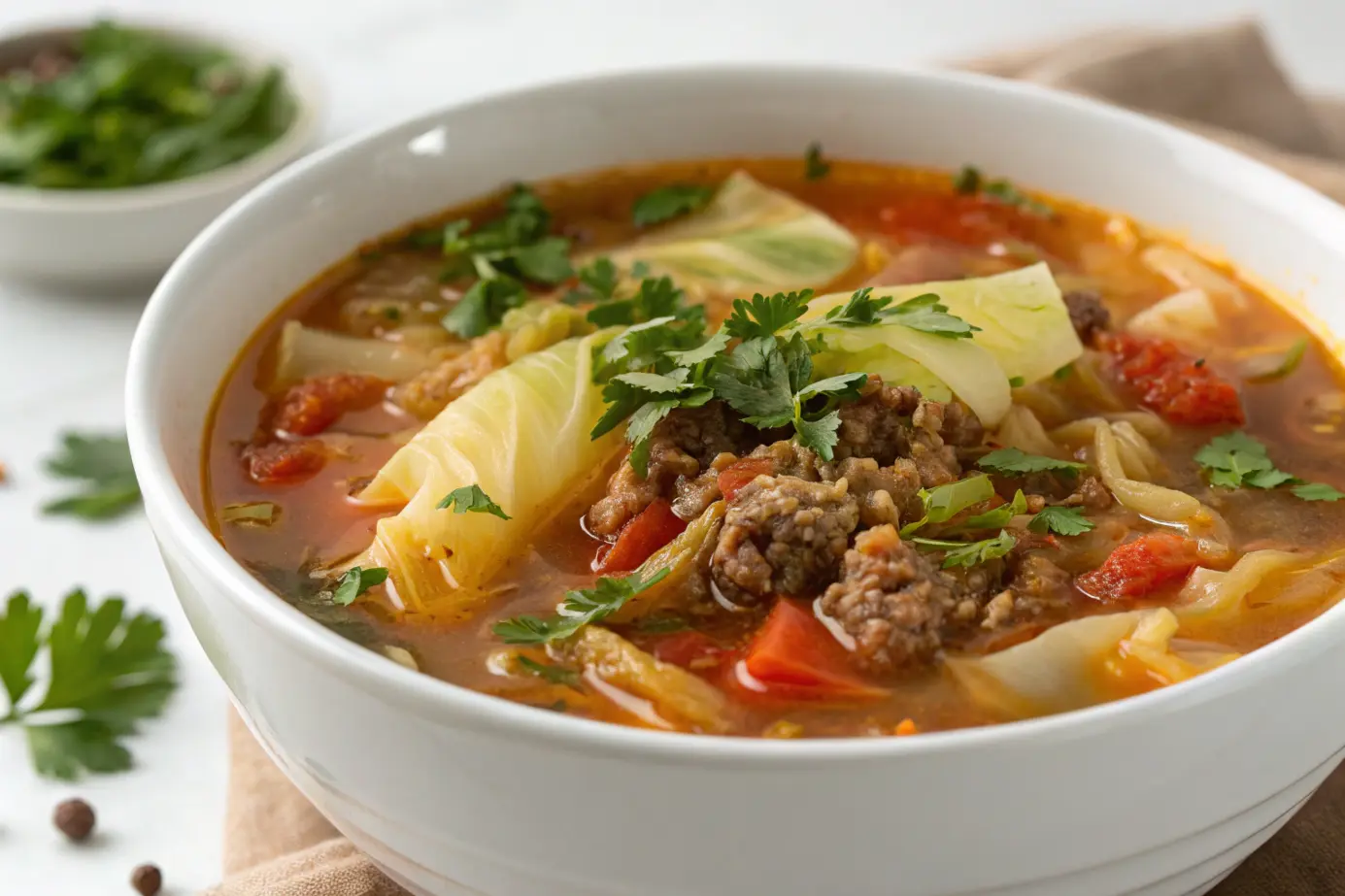 A close-up shot of a vibrant bowl of cabbage soup with ground beef