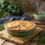 Pillsbury chicken pot pie served on a rustic wooden table.