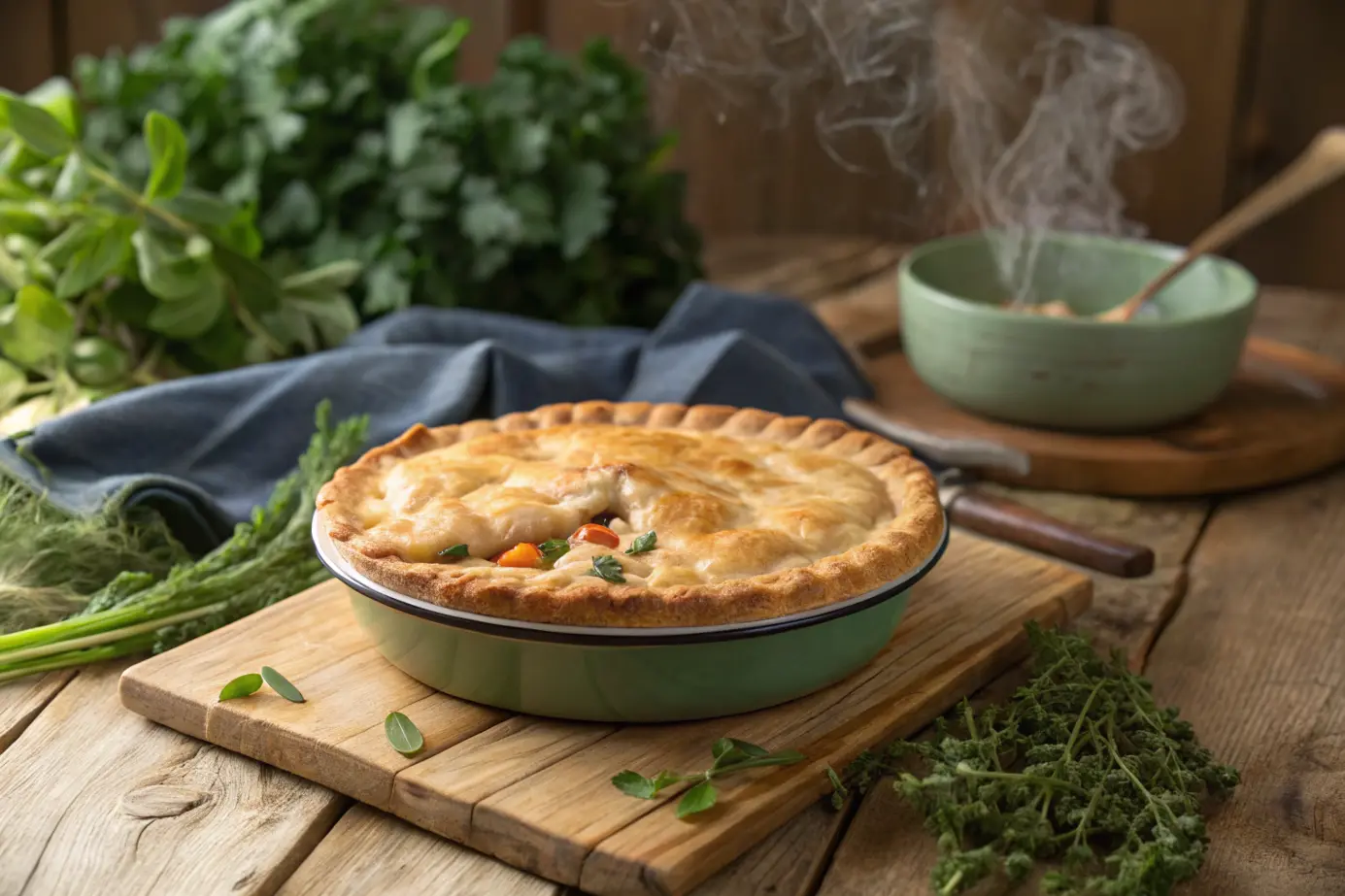 Pillsbury chicken pot pie served on a rustic wooden table.