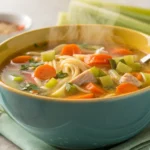 Bowl of grandma's chicken soup with steam rising.