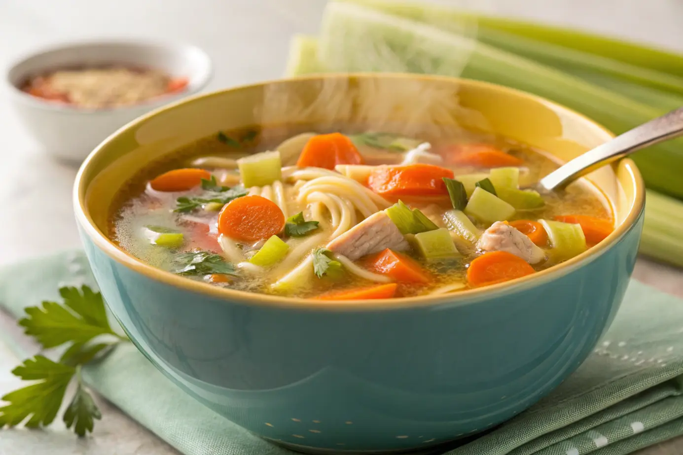 Bowl of grandma's chicken soup with steam rising.