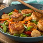 Fishcakes and scallops stir fry recipe close-up