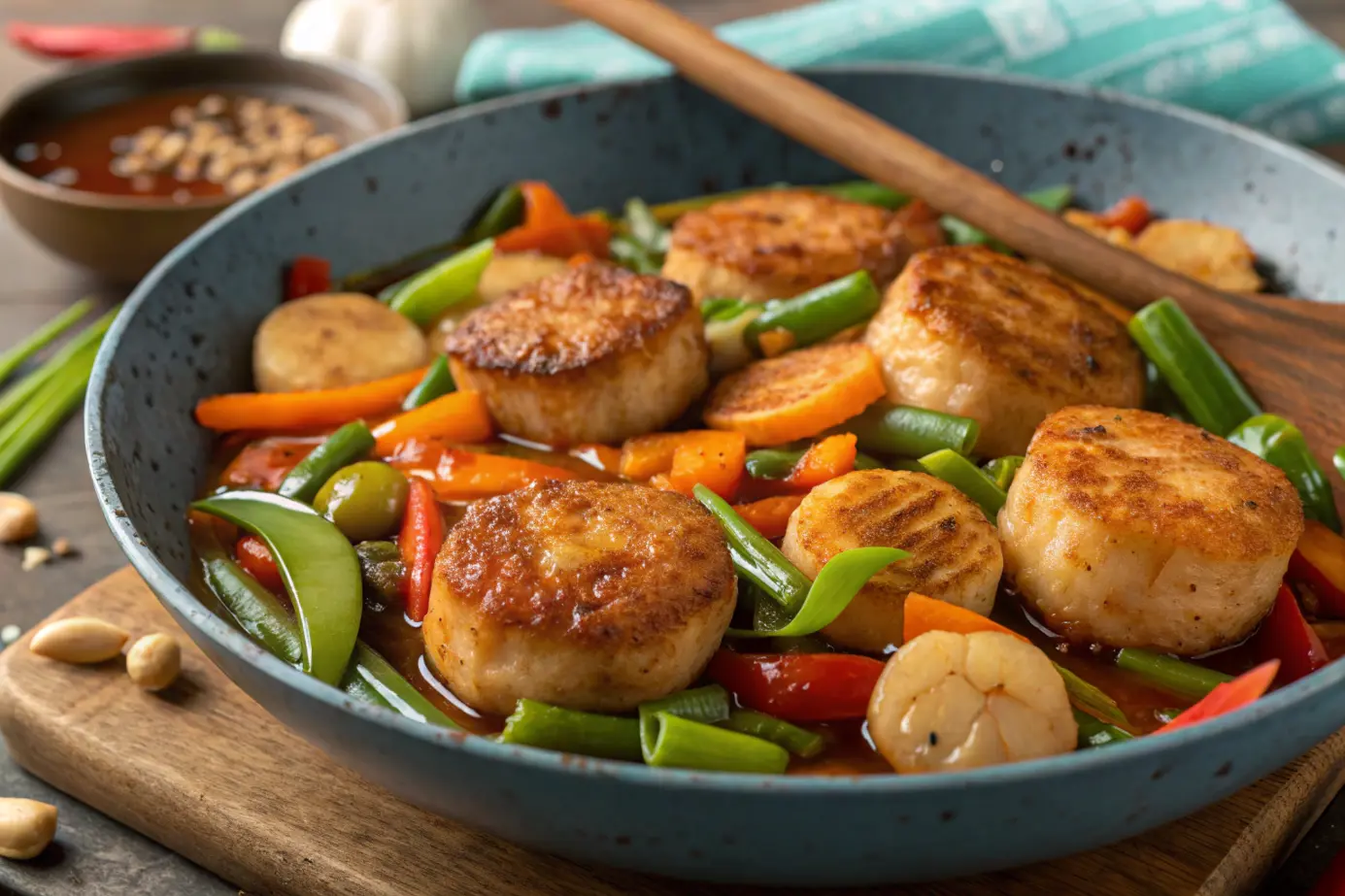 Fishcakes and scallops stir fry recipe close-up