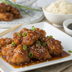 honey sesame chicken Panda Express macro shot.