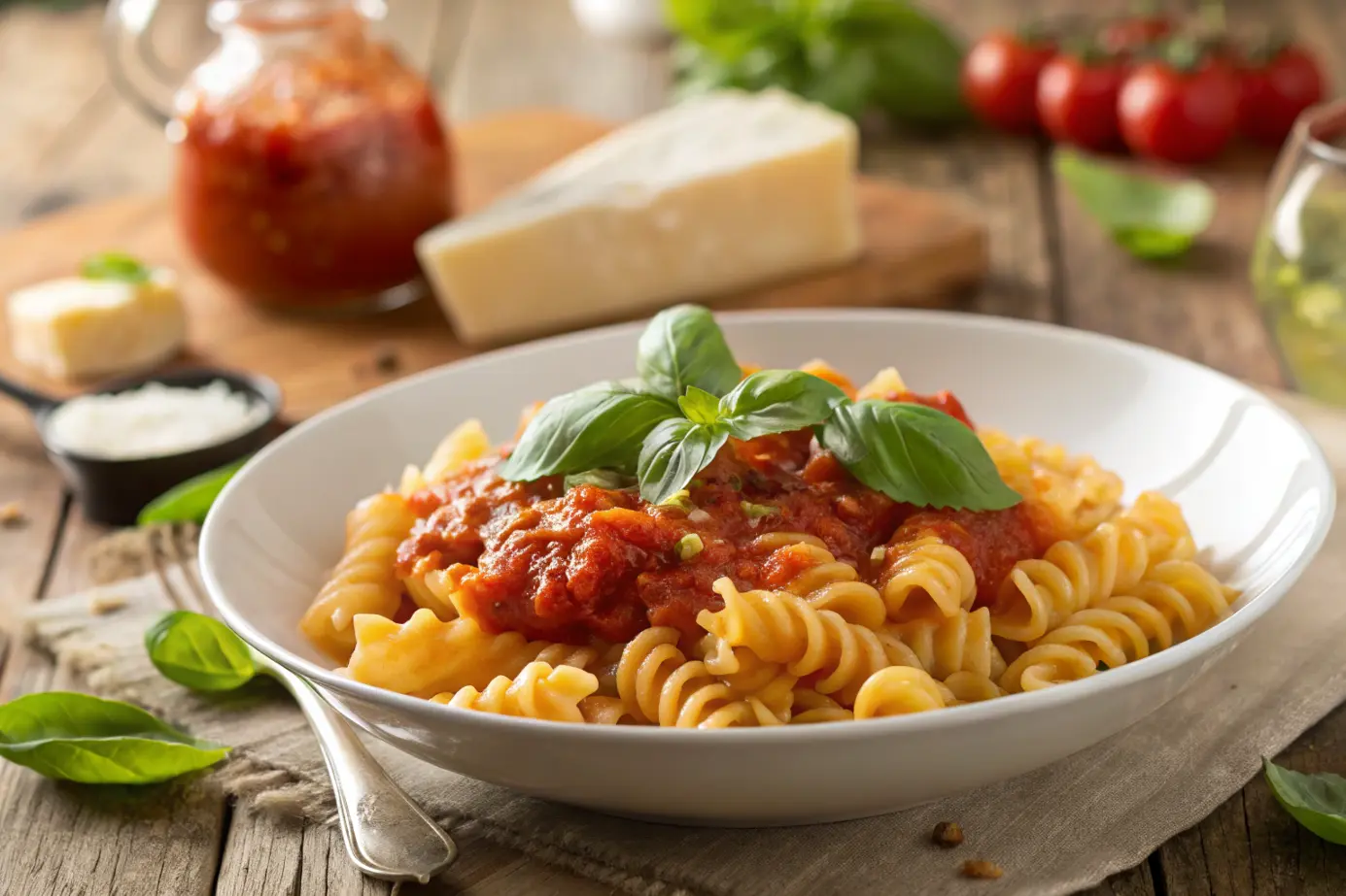 Corkscrew pasta with marinara sauce and basil